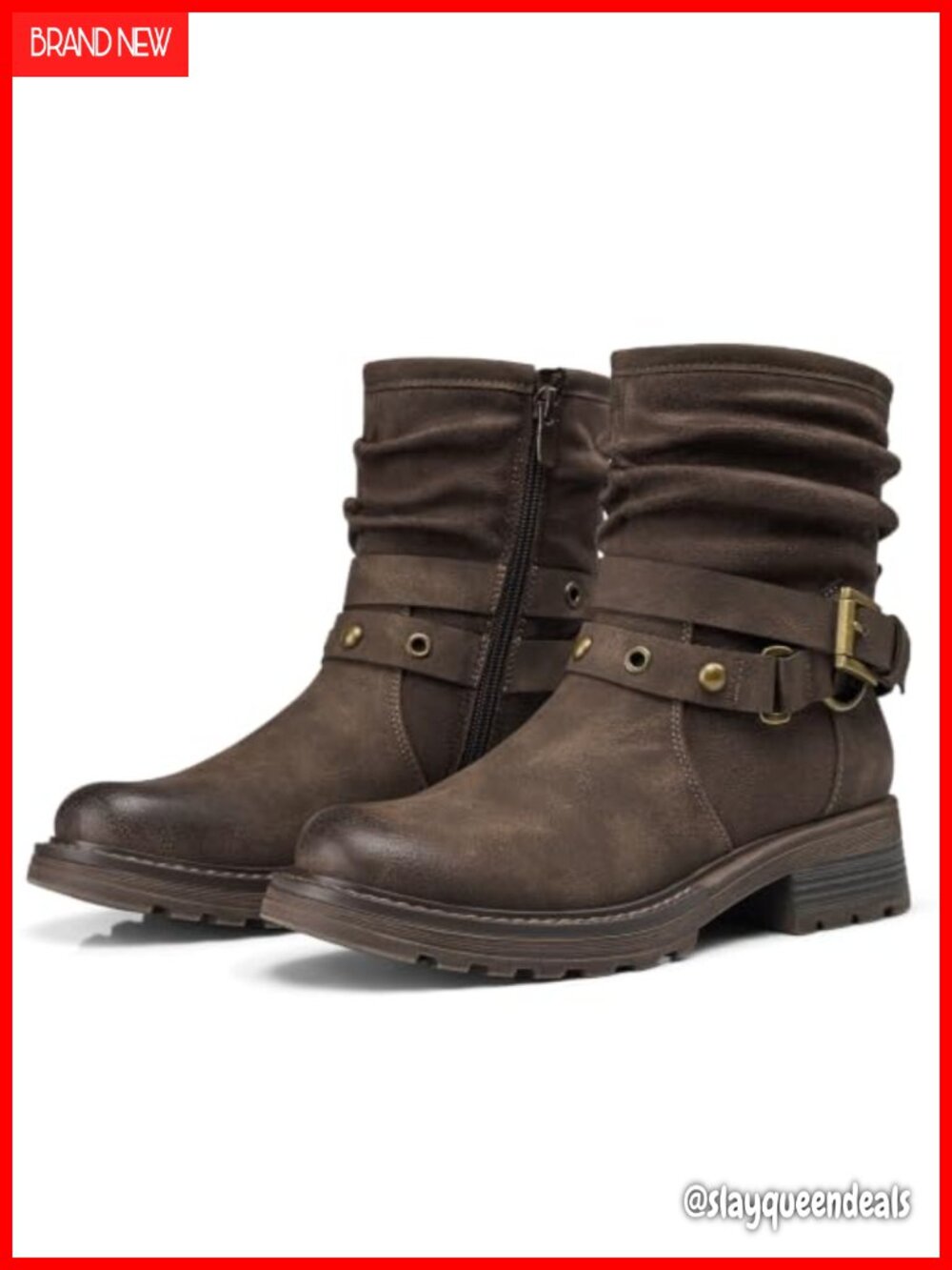 TEMOFON Women's Ankle Boots Slouchy Block Heel Zip Up PU Suede Booties